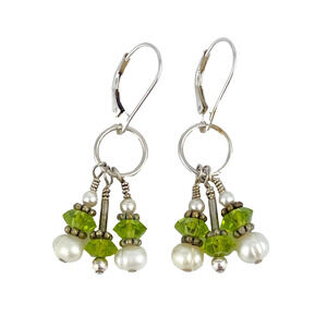 Pearl Green Crystal Beaded Dangle Earrings | Vintage Estate Sterling Silver 925